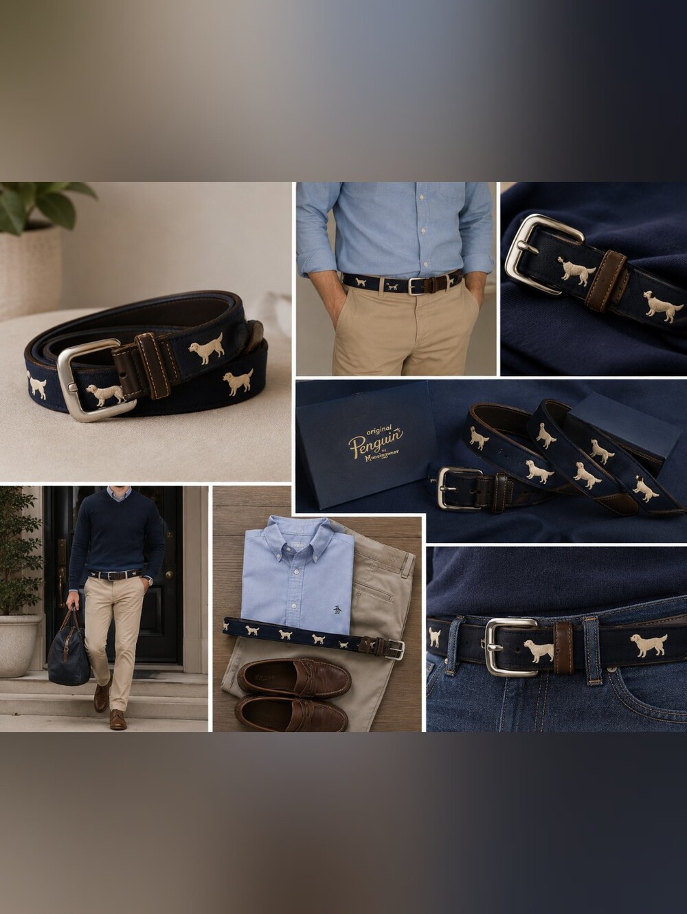 Original Penguin Leather Belt With Exterior With Canvas Golden Retriever